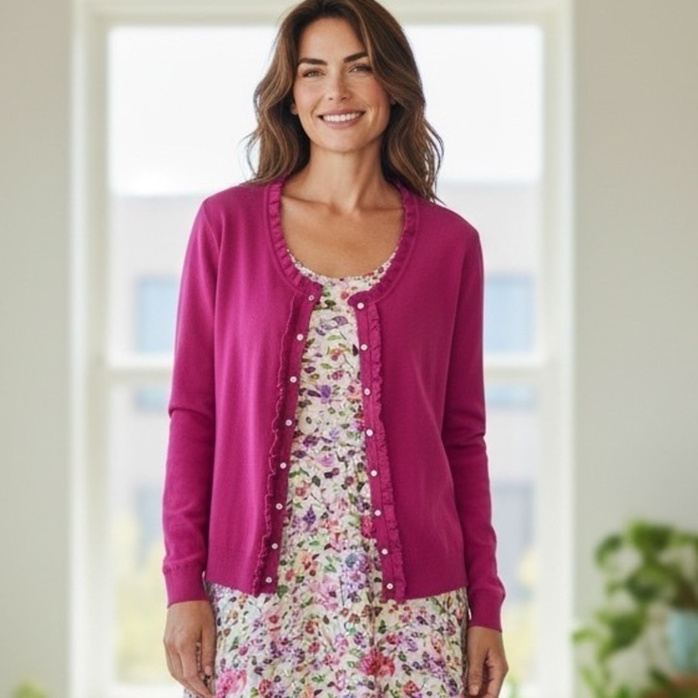 Brandon Thomas Ruffle Cardigan Rhinestone Y2K Chic Barbiecore Coquette Preppy XL